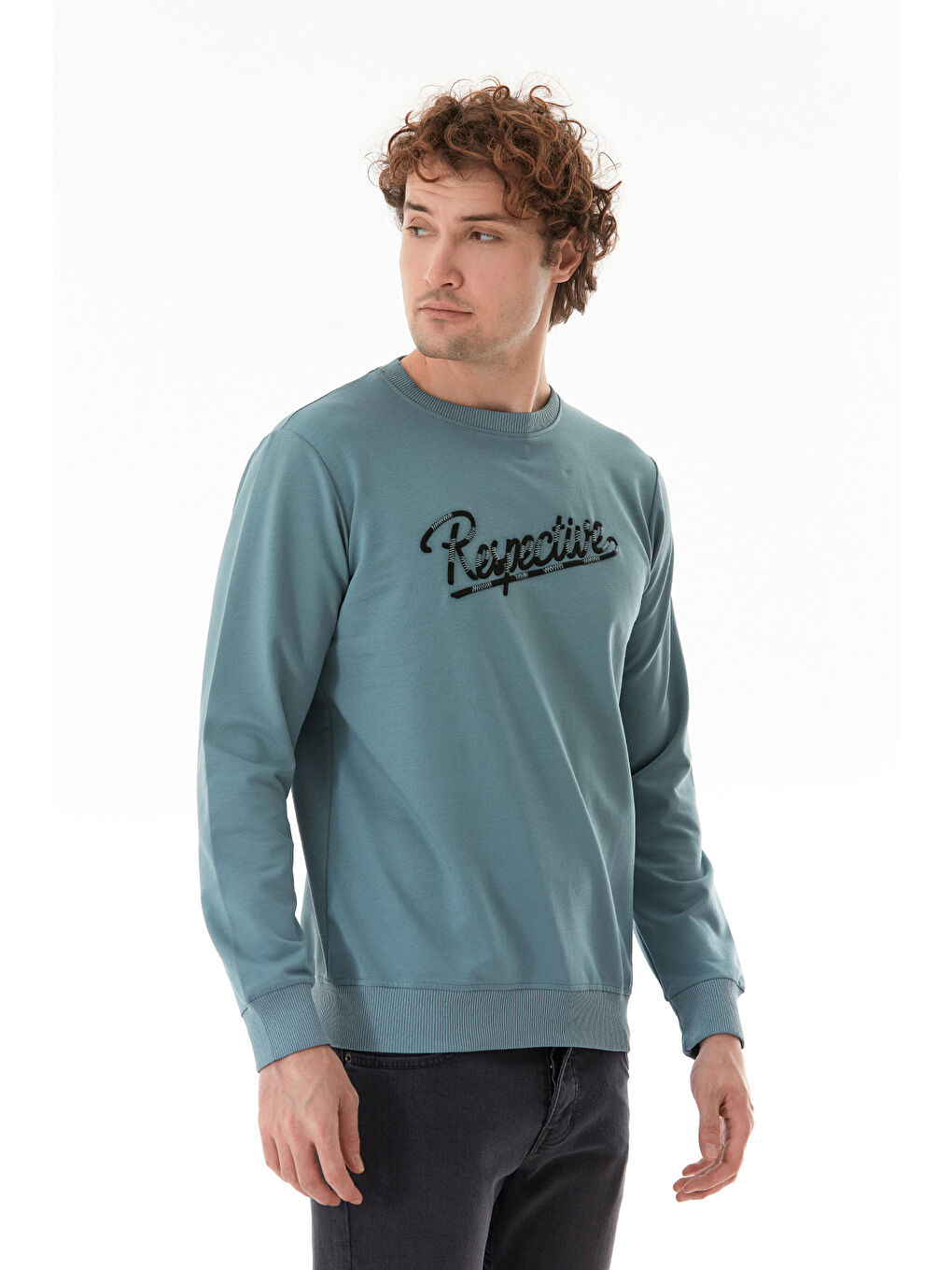 Mavi Yazı Nakışlı Bisiklet Yaka Sweatshirt-2