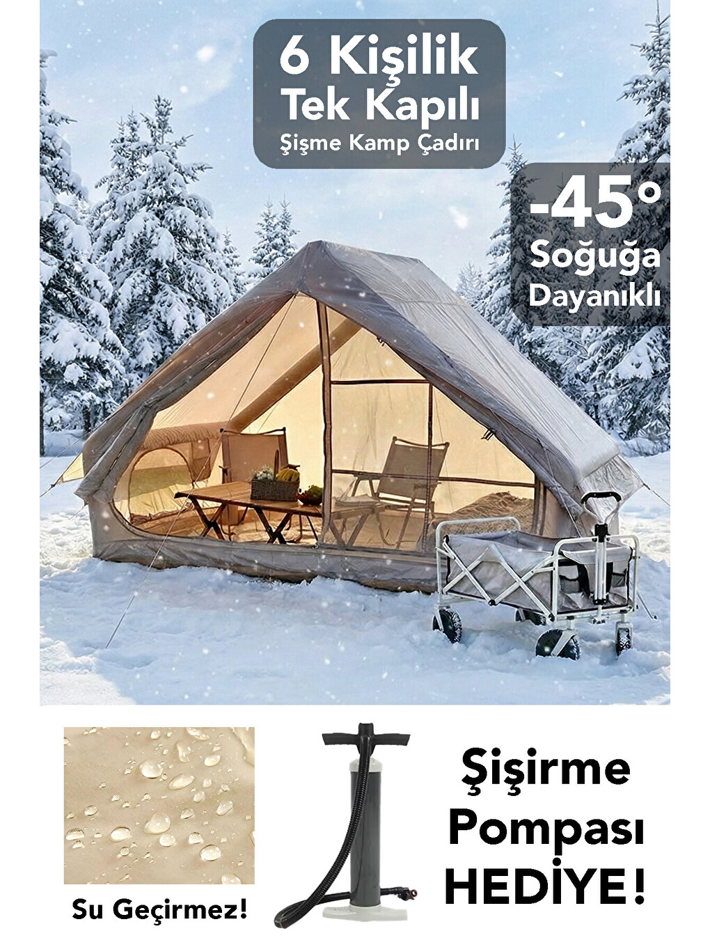 Bej Tek Kapılı 6 Kişilik Kamp Çadırı - 4 Mevsim Su Geçirmez Şişme Kamp Çadırı 300x210 cm