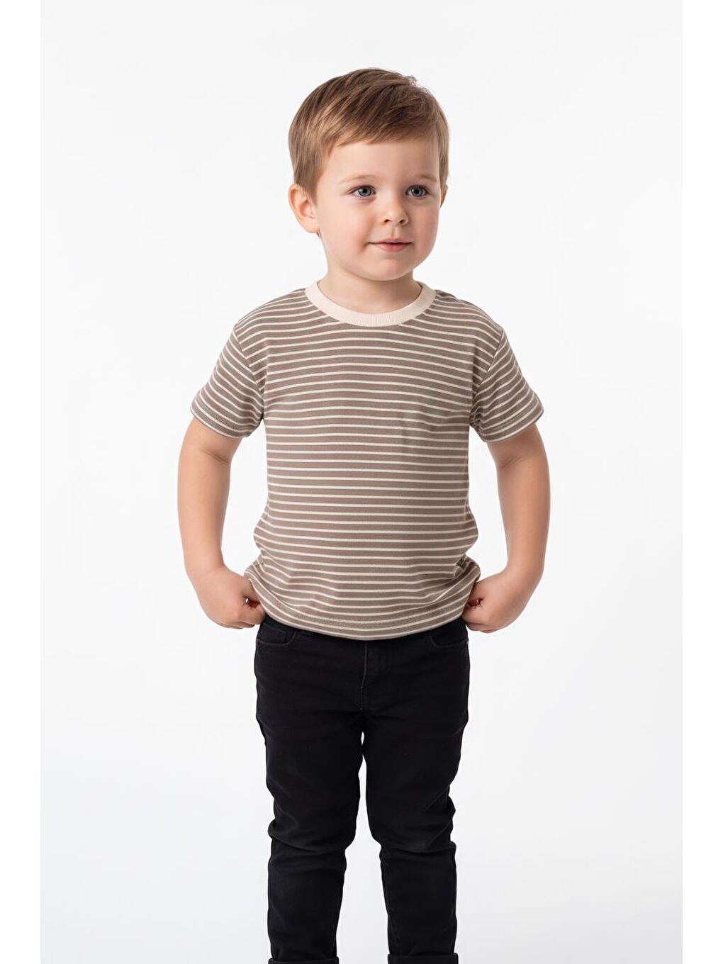 Bej Elastanlı Kabartma Çizgili 2li Tişört Paket-2