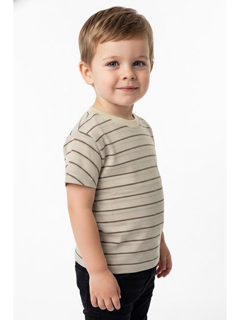 Bej Elastanlı Kabartma Çizgili 2li Tişört Paket-3