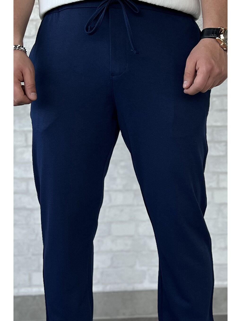 Lacivert Erkek Bel Bağlama Detaylı Pantolon-3