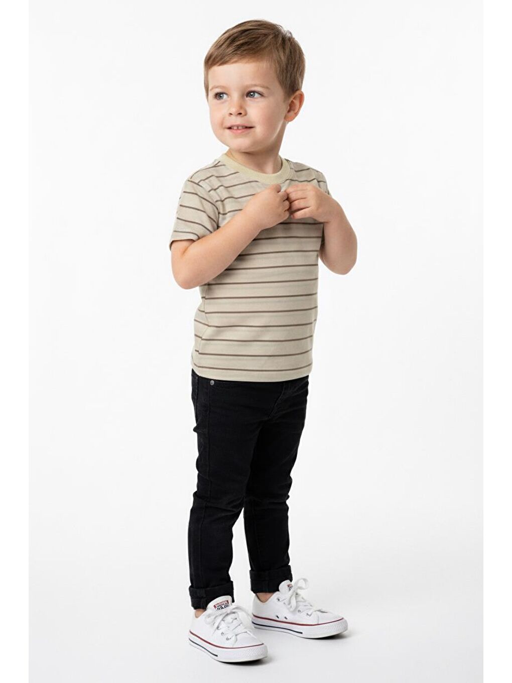 Bej Elastanlı Kabartma Çizgili 2li Tişört Paket-4