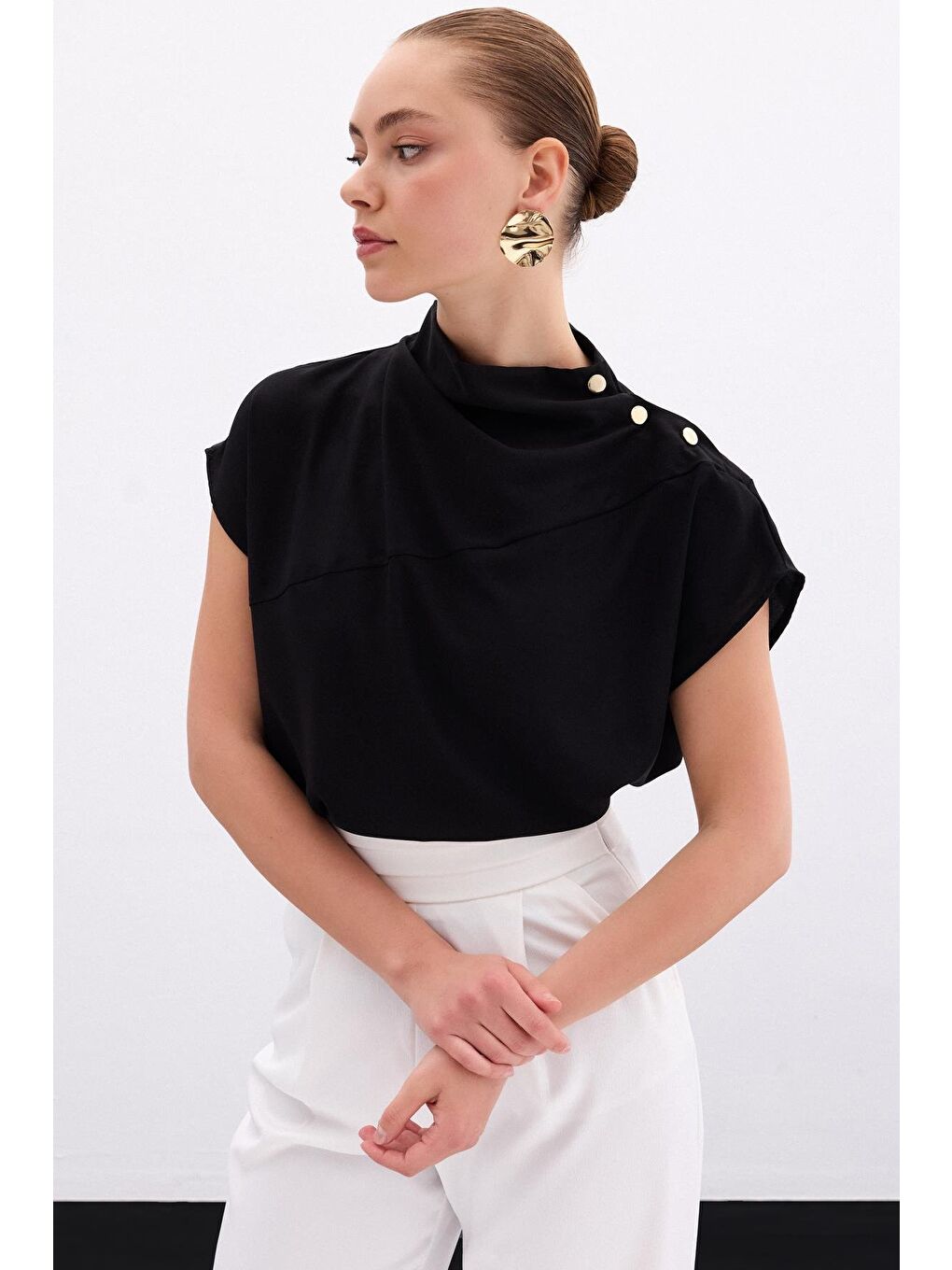 Tek Omuz Çıtçıtlı Bluz - Siyah-2