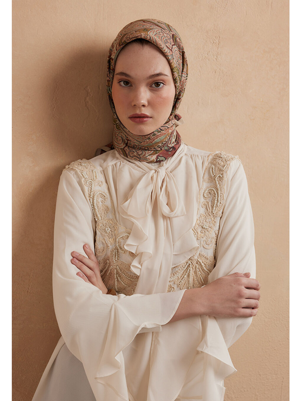 Turuncu Sıara Desen Pamuk İpek Eşarp Bakır-1