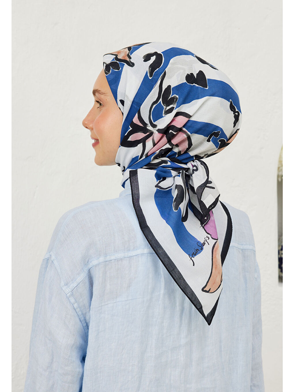 Lemonade Desen Pamuk Vual Eşarp Mavi-3