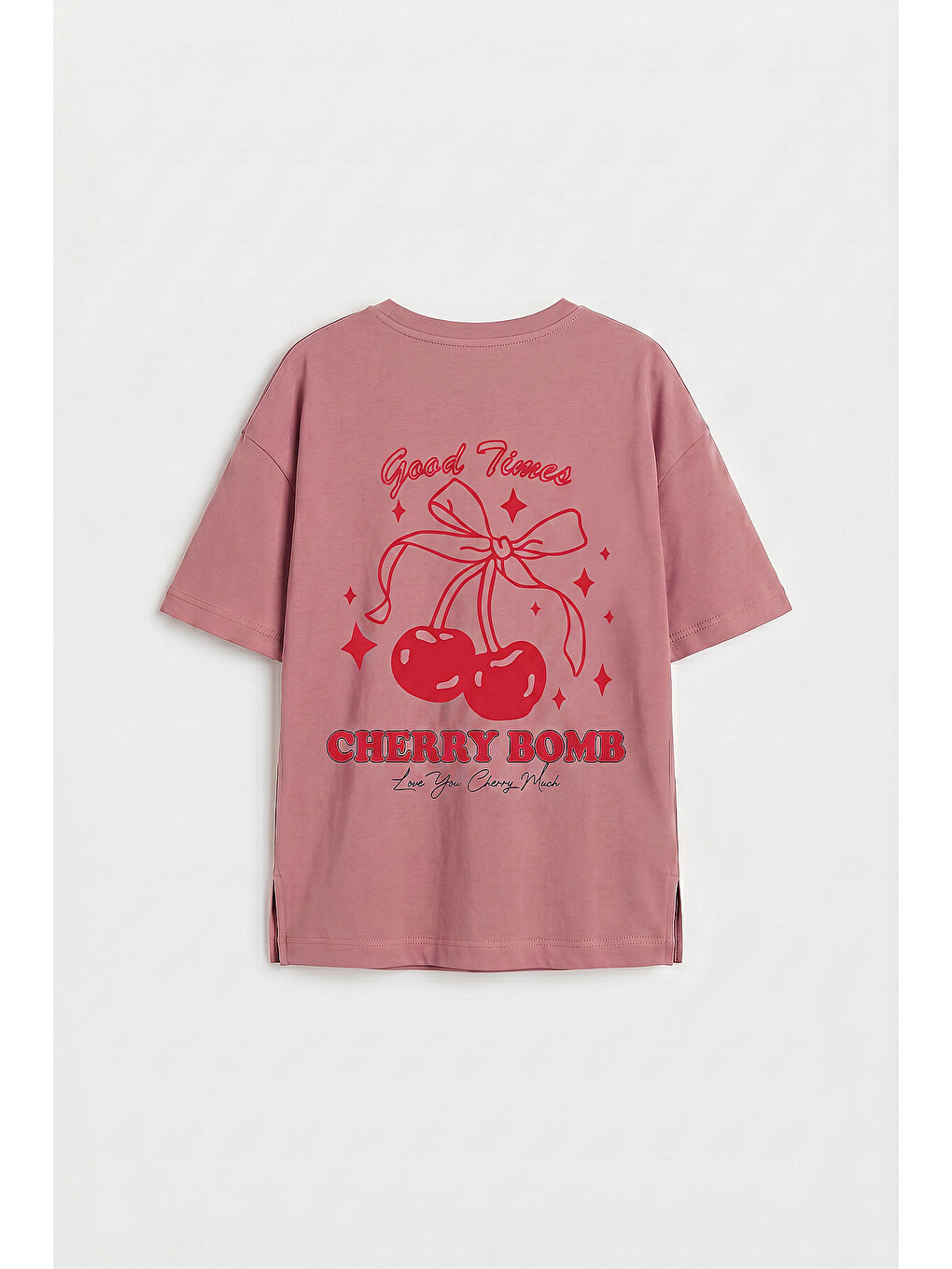 Pembe Gül Kurusu Oversize Kısa Kollu Baskılı Kız Çocuk T-shirt - 75176-1
