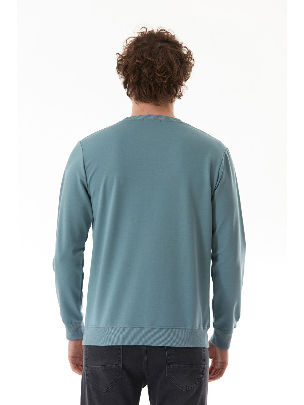 Mavi Yazı Nakışlı Bisiklet Yaka Sweatshirt-3