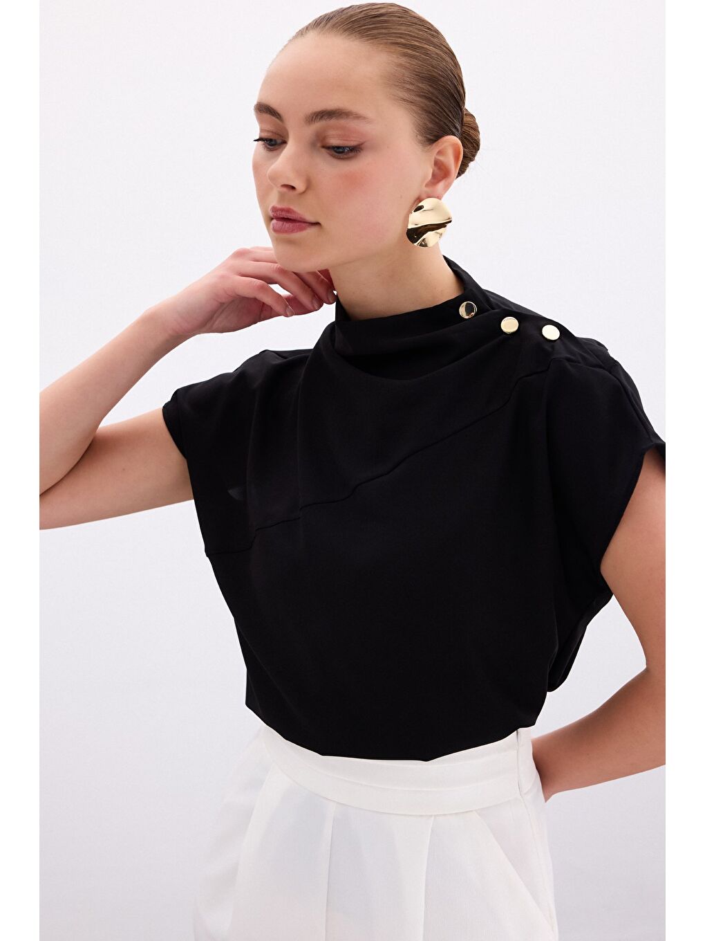 Tek Omuz Çıtçıtlı Bluz - Siyah-5