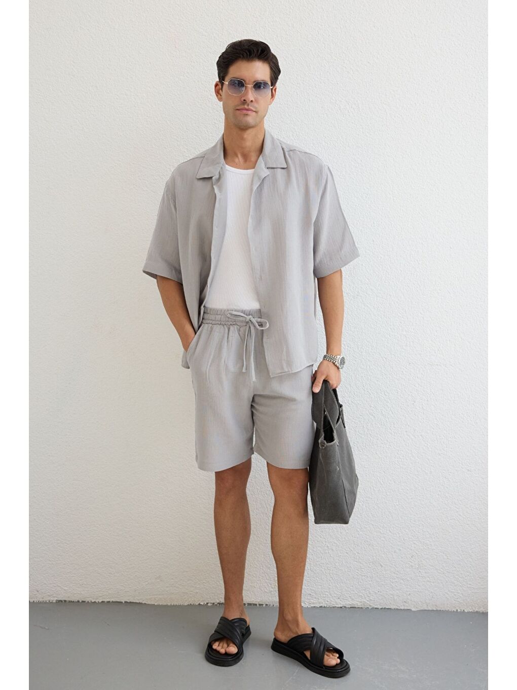 Gri Xar Erkek Oversize Müslin Şort Gömlek Takım %100 Pamuk Soft Feel
