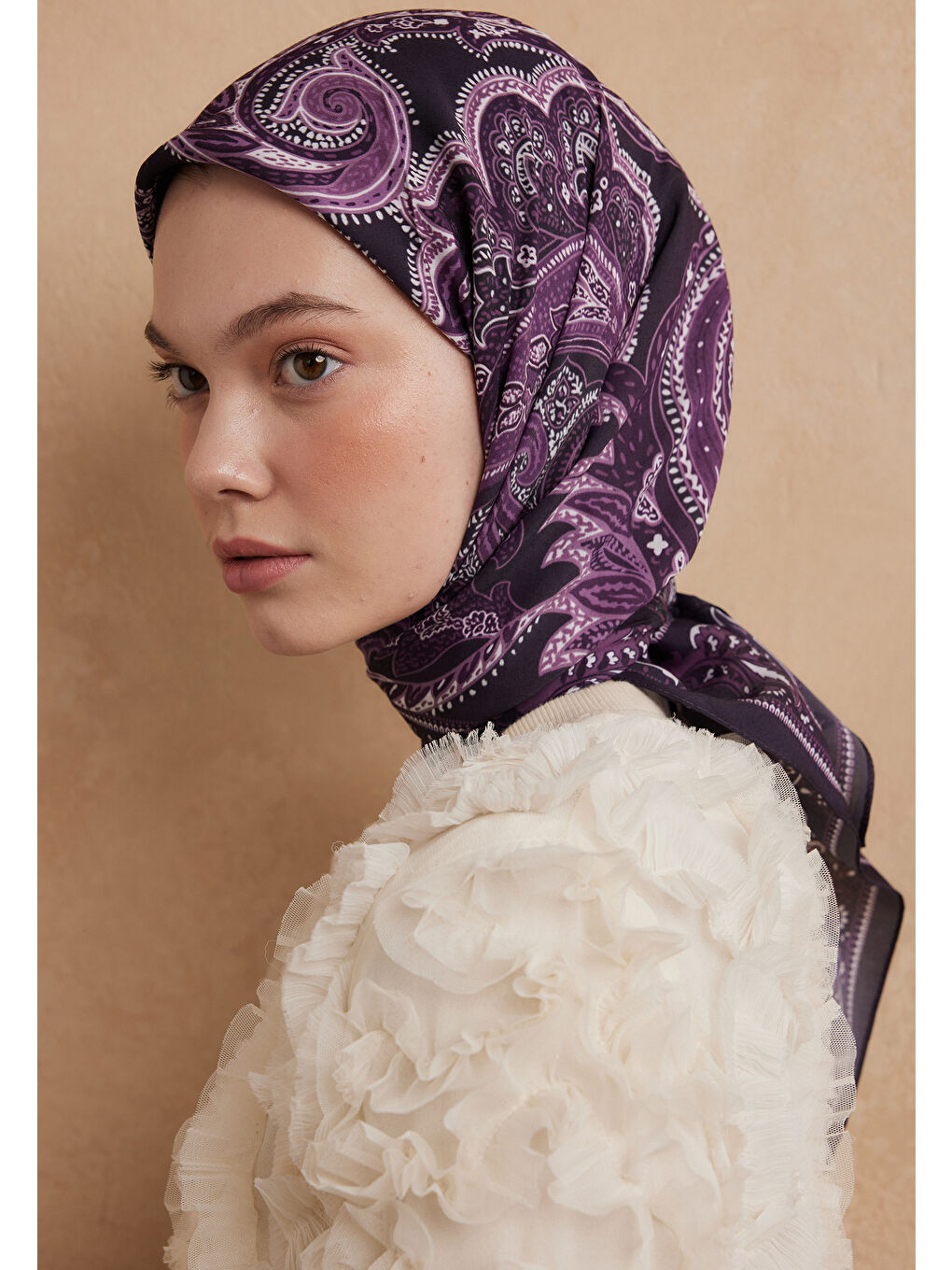 Dark Vıntage Desen Pamuk İpek Eşarp Patlıcan Moru-1