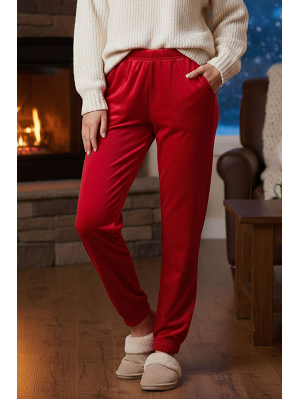 Kadın Paçası Lastikli Cep Detaylı Kadife Kumaş Tek Alt 503 Kırmızı-2