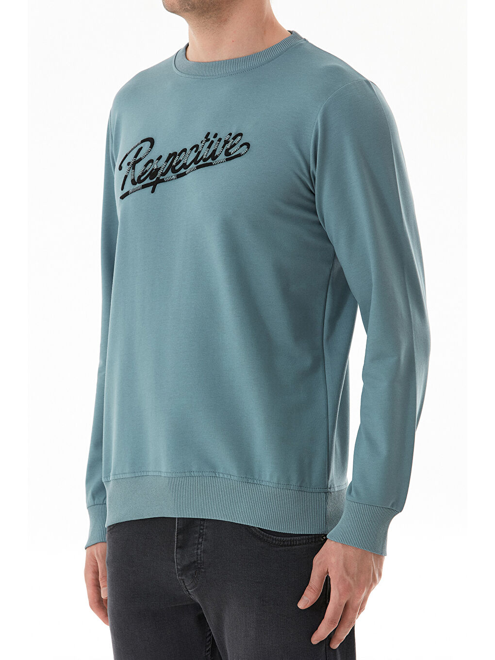 Mavi Yazı Nakışlı Bisiklet Yaka Sweatshirt-4