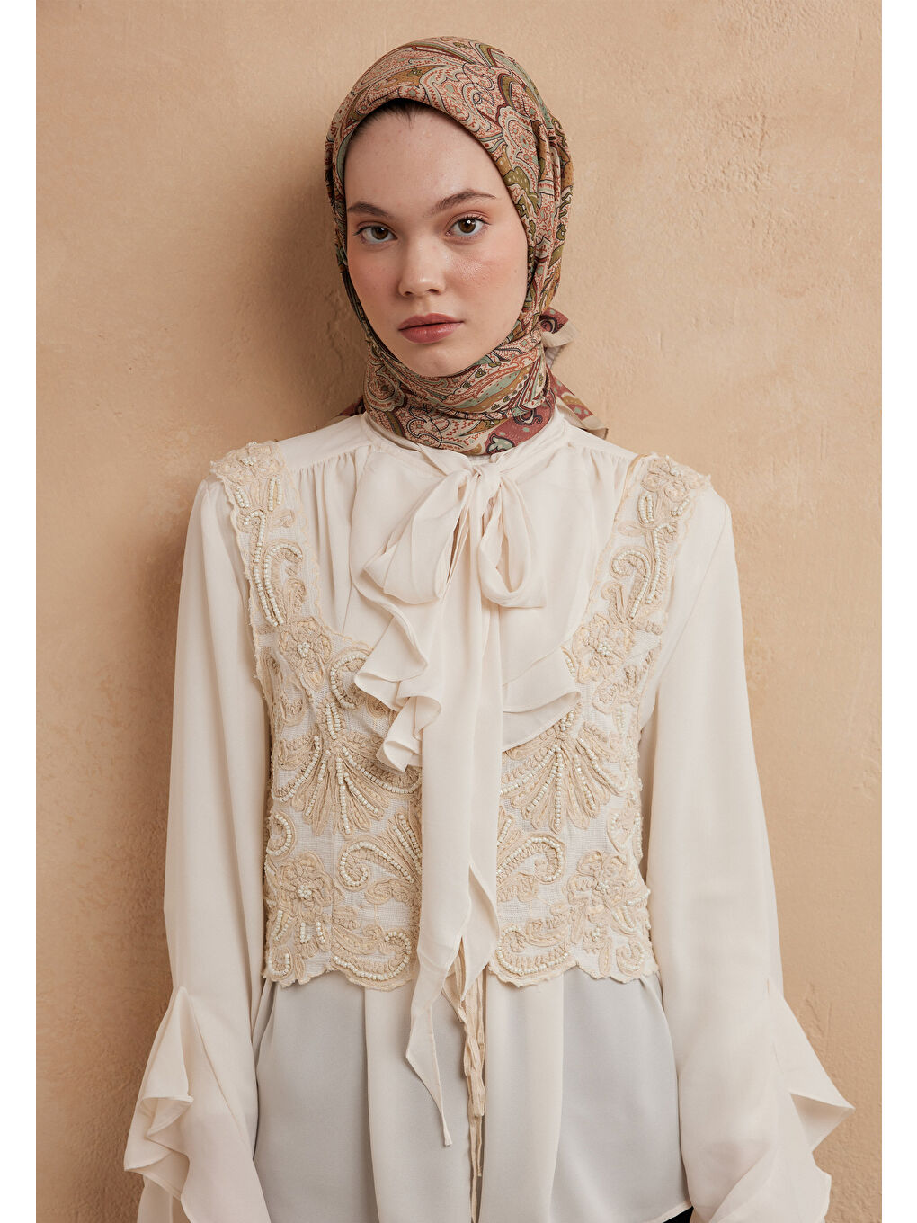 Turuncu Sıara Desen Pamuk İpek Eşarp Bakır-2