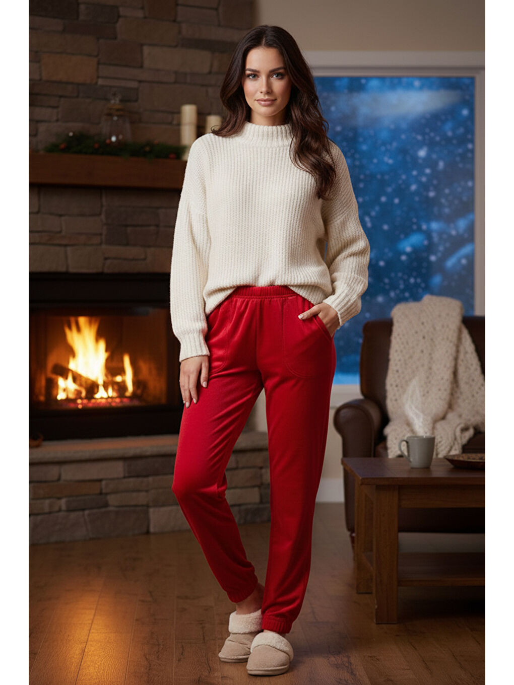 Kadın Paçası Lastikli Cep Detaylı Kadife Kumaş Tek Alt 503 Kırmızı-3