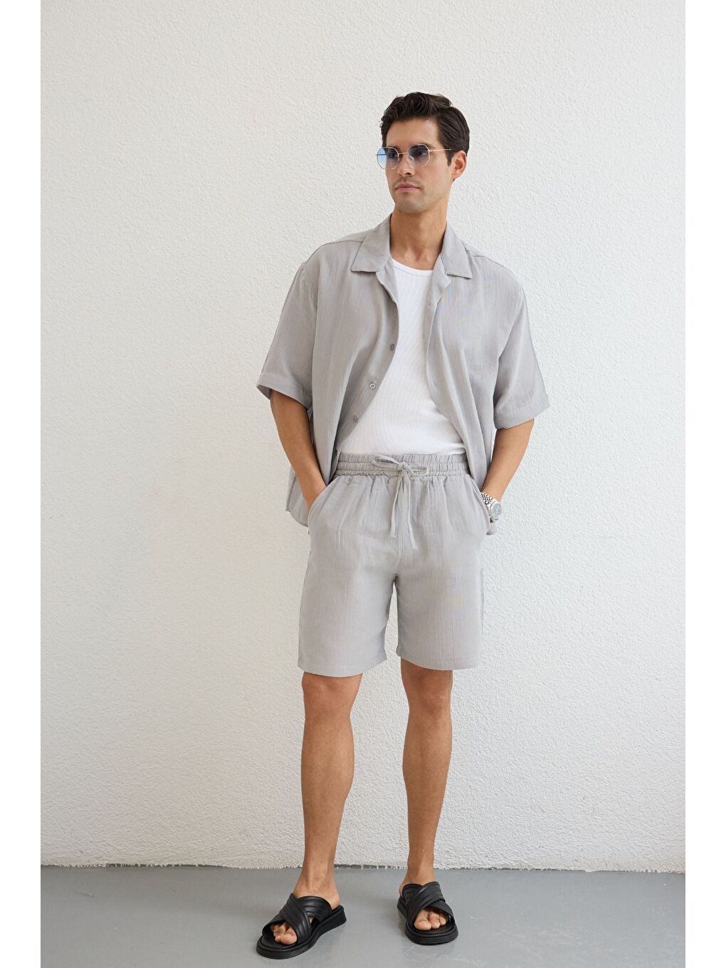 Gri Xar Erkek Oversize Müslin Şort Gömlek Takım %100 Pamuk Soft Feel-1