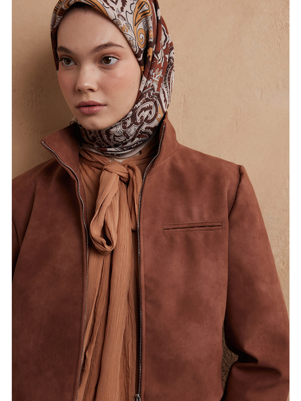Kahverengi Lena Desen Pamuk İpek Eşarp Tarçın-1
