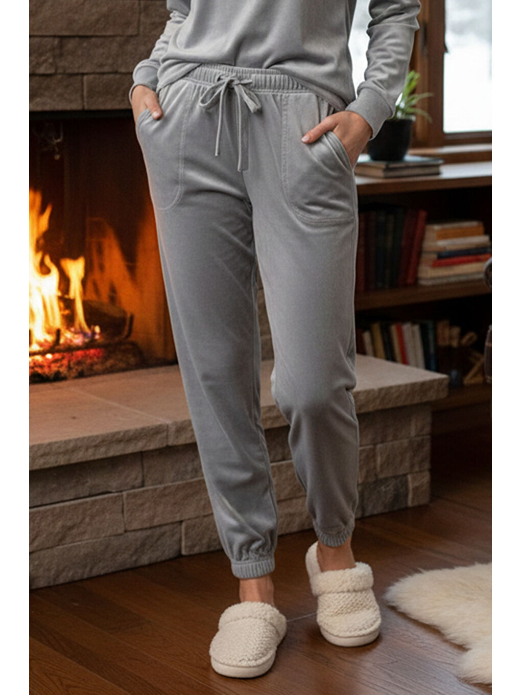 Kadın Paçası Lastikli Cep Detaylı Kadife Kumaş Tek Alt 503 Gri-2