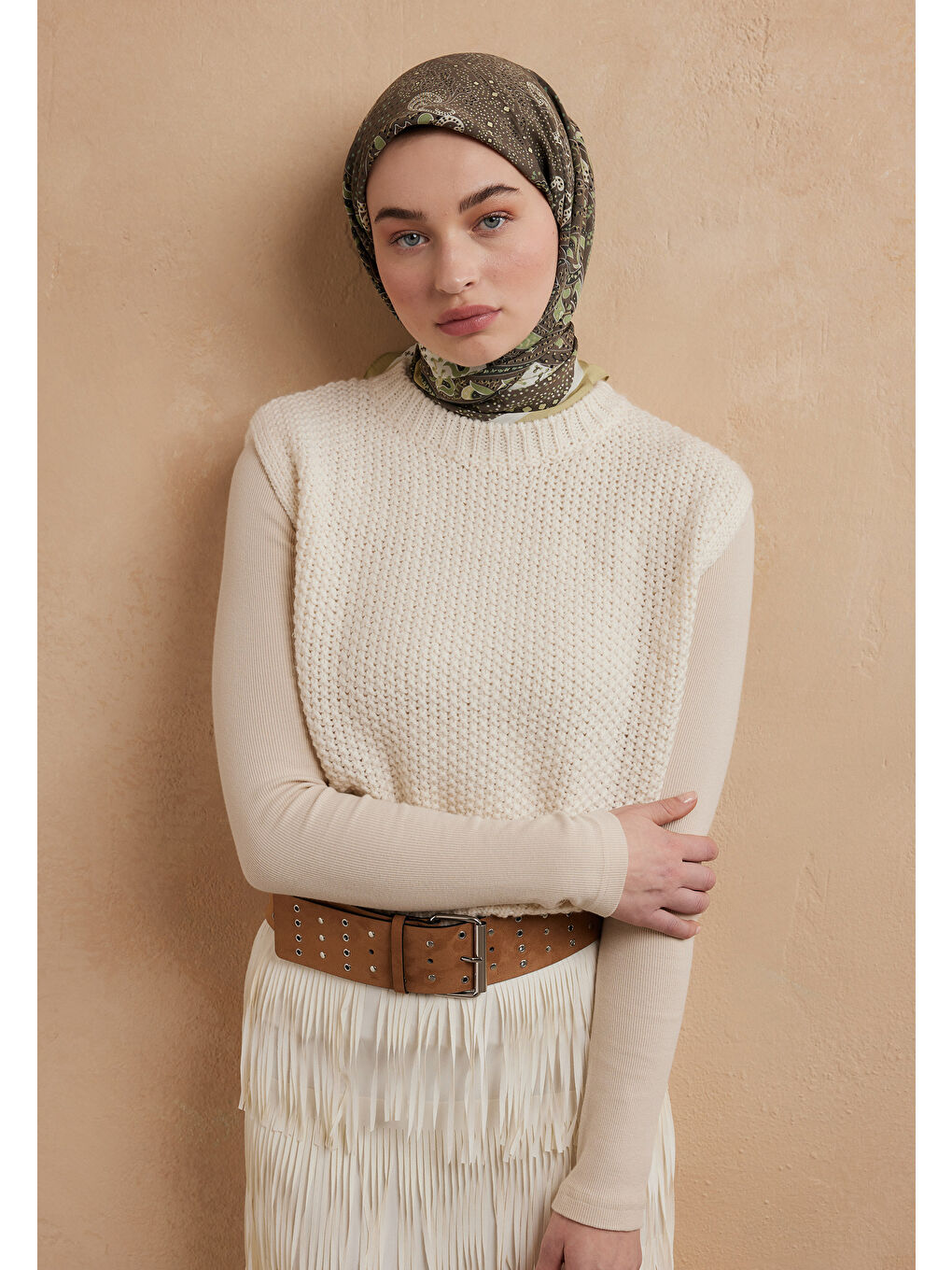 Yeşil Eliza Desen Pamuk İpek Eşarp Adaçayı