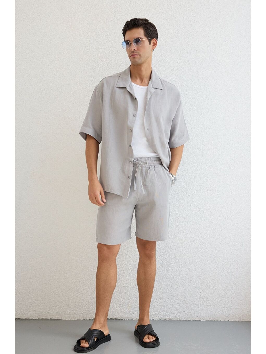 Gri Xar Erkek Oversize Müslin Şort Gömlek Takım %100 Pamuk Soft Feel-2