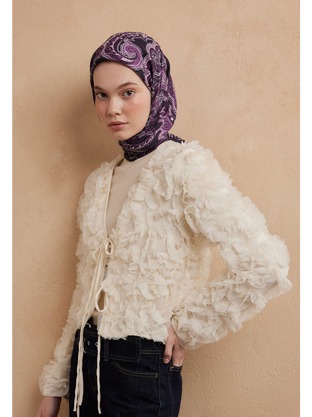 Dark Vıntage Desen Pamuk İpek Eşarp Patlıcan Moru-2