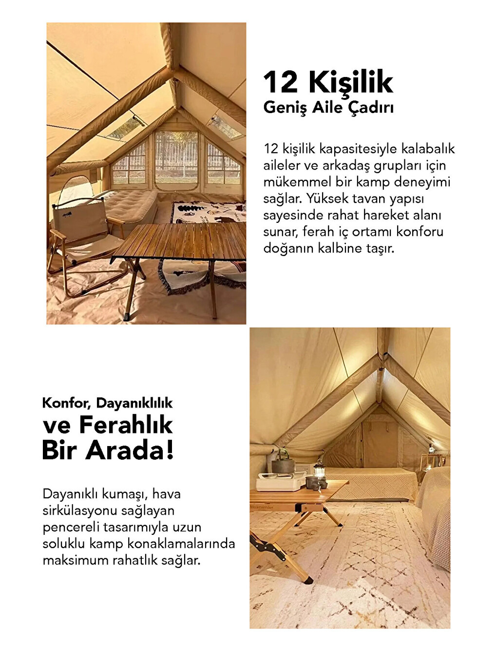 Bej 12 Kişilik Şişme Kamp Çadırı - 4 Mevsim Su Geçirmez Pencereli Kamp Çadırı 300x400 cm-2