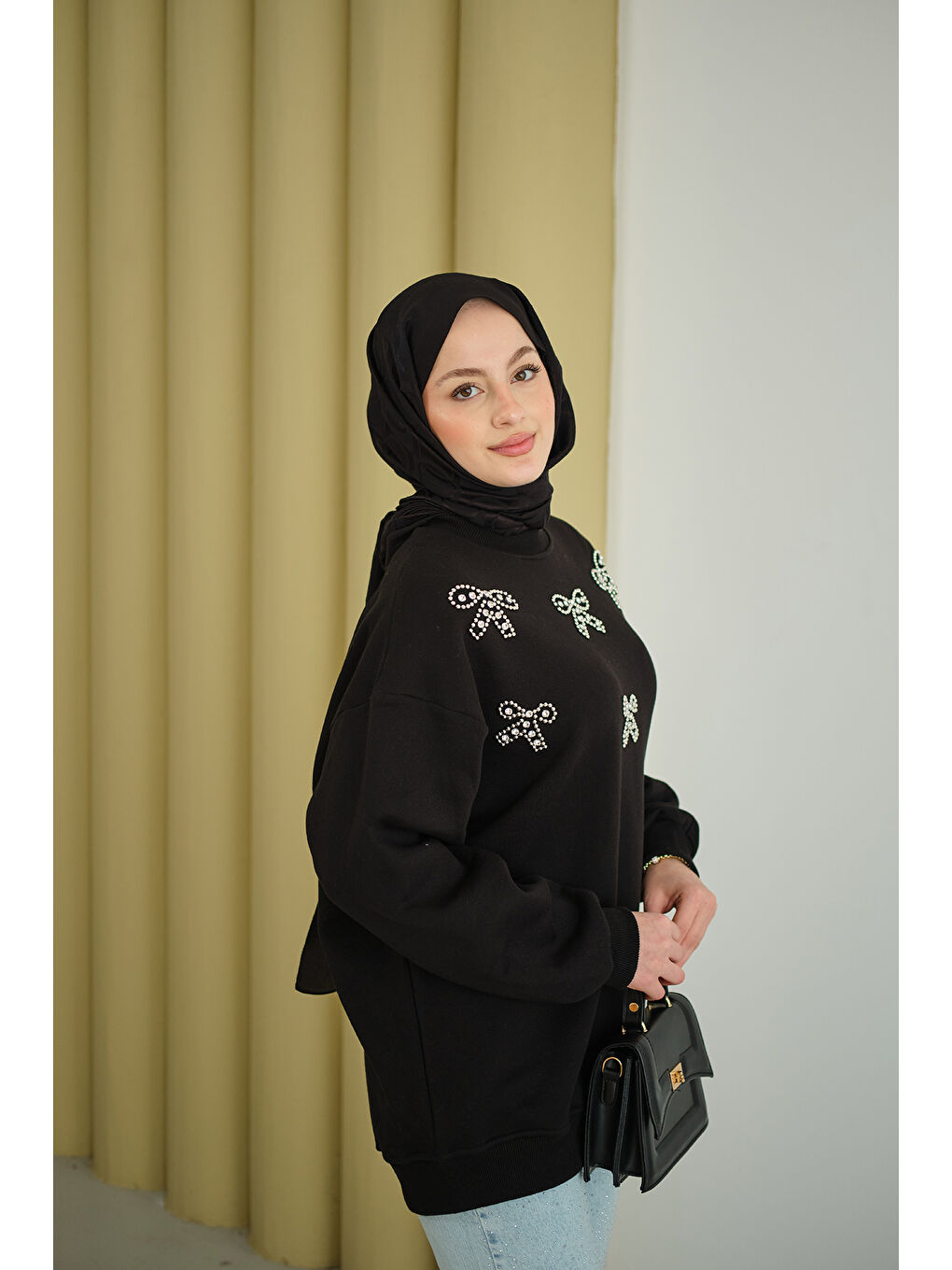 Kadın Kurdelesi Taş Detay Sweat Siyah-2