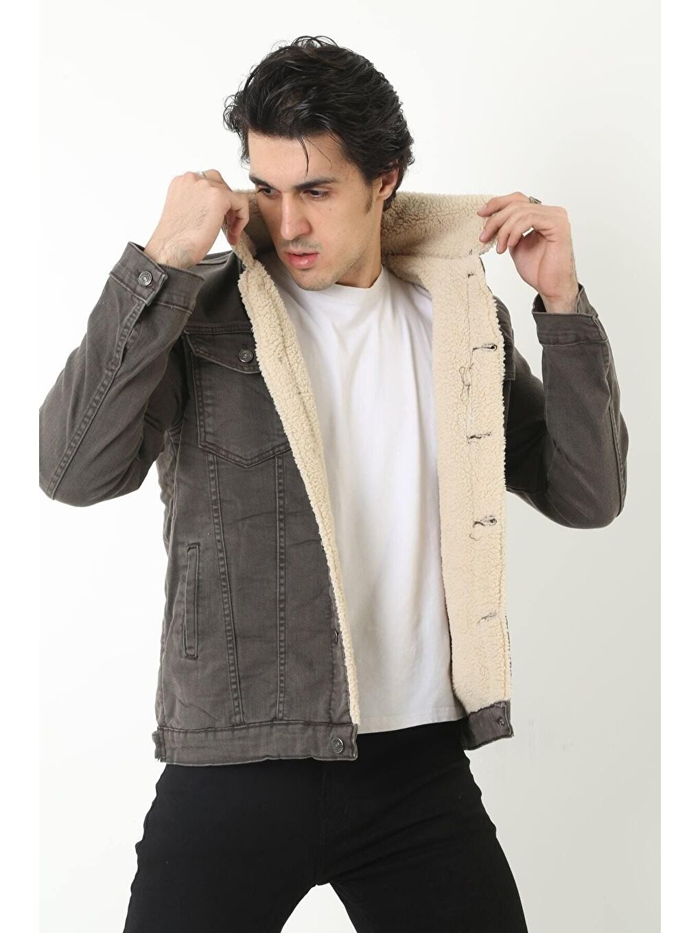 Antrasit Erkek Içi Kürklü Jean Ceket