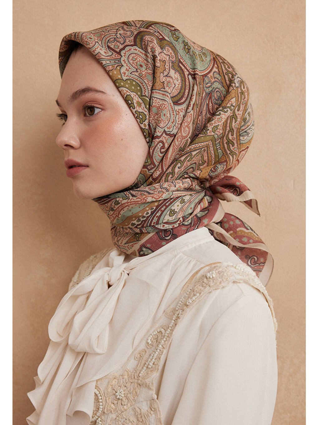 Turuncu Sıara Desen Pamuk İpek Eşarp Bakır-3