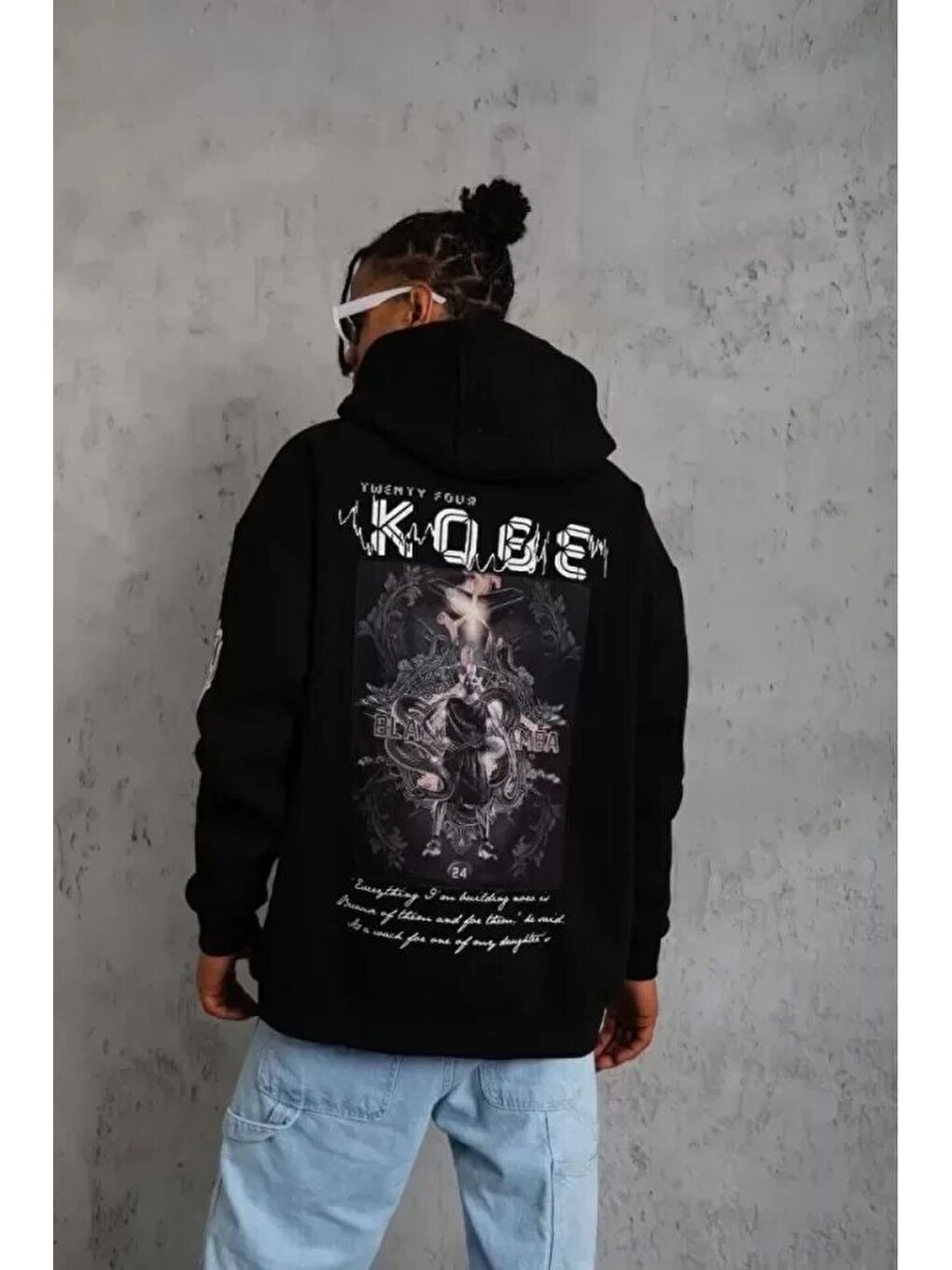 Unisex Sırt Baskılı Kapüşonlu Üç İplik Oversize Sweatshirt - Siyah-1