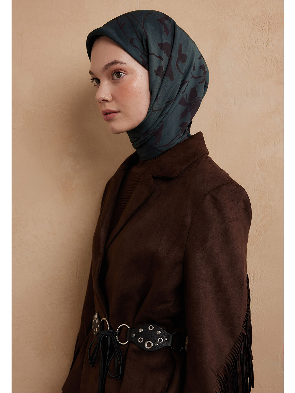 Dark Forest Desen Pamuk İpek Eşarp Petrol-1