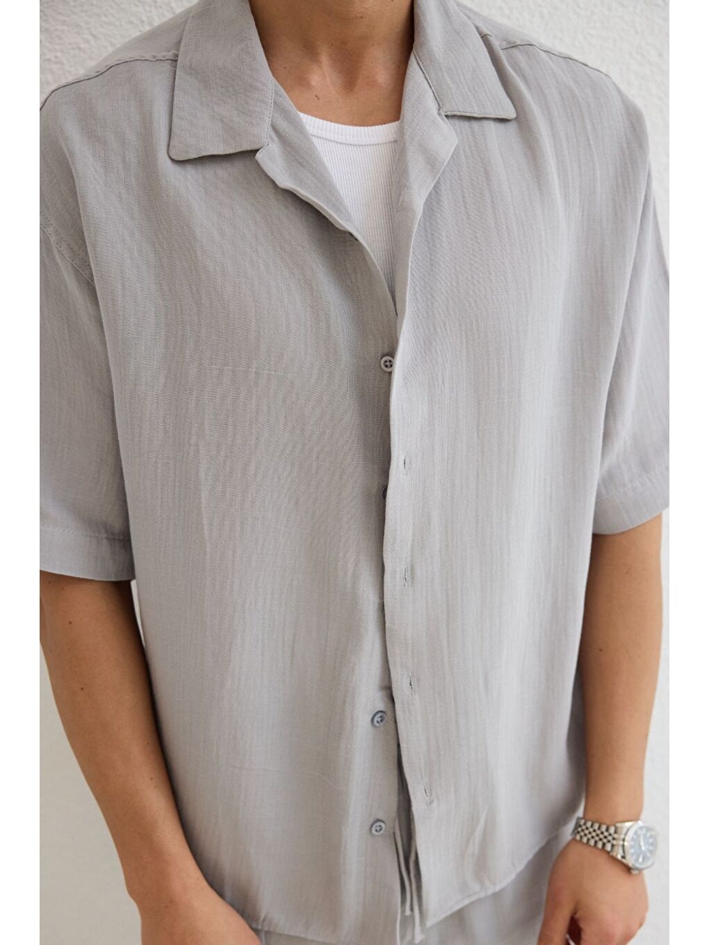 Gri Xar Erkek Oversize Müslin Şort Gömlek Takım %100 Pamuk Soft Feel-3