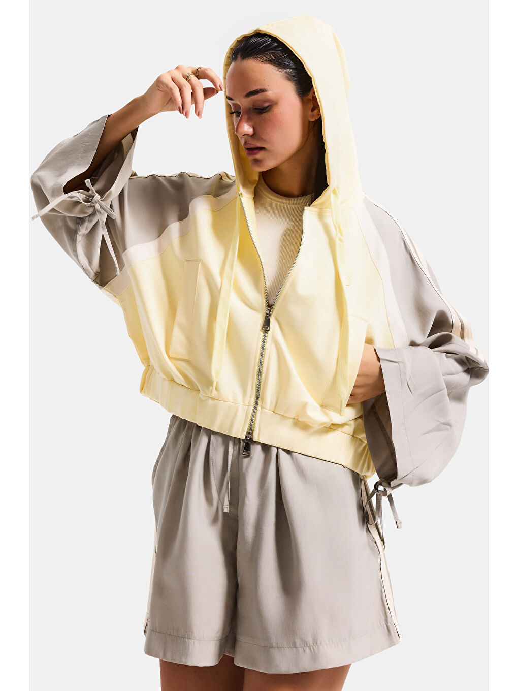 Kadın Gri Sarı s6-108 Oversize Şerit Detaylı Kapüşonlu Özel Tasarım Fermuarlı Sweatshirt-4