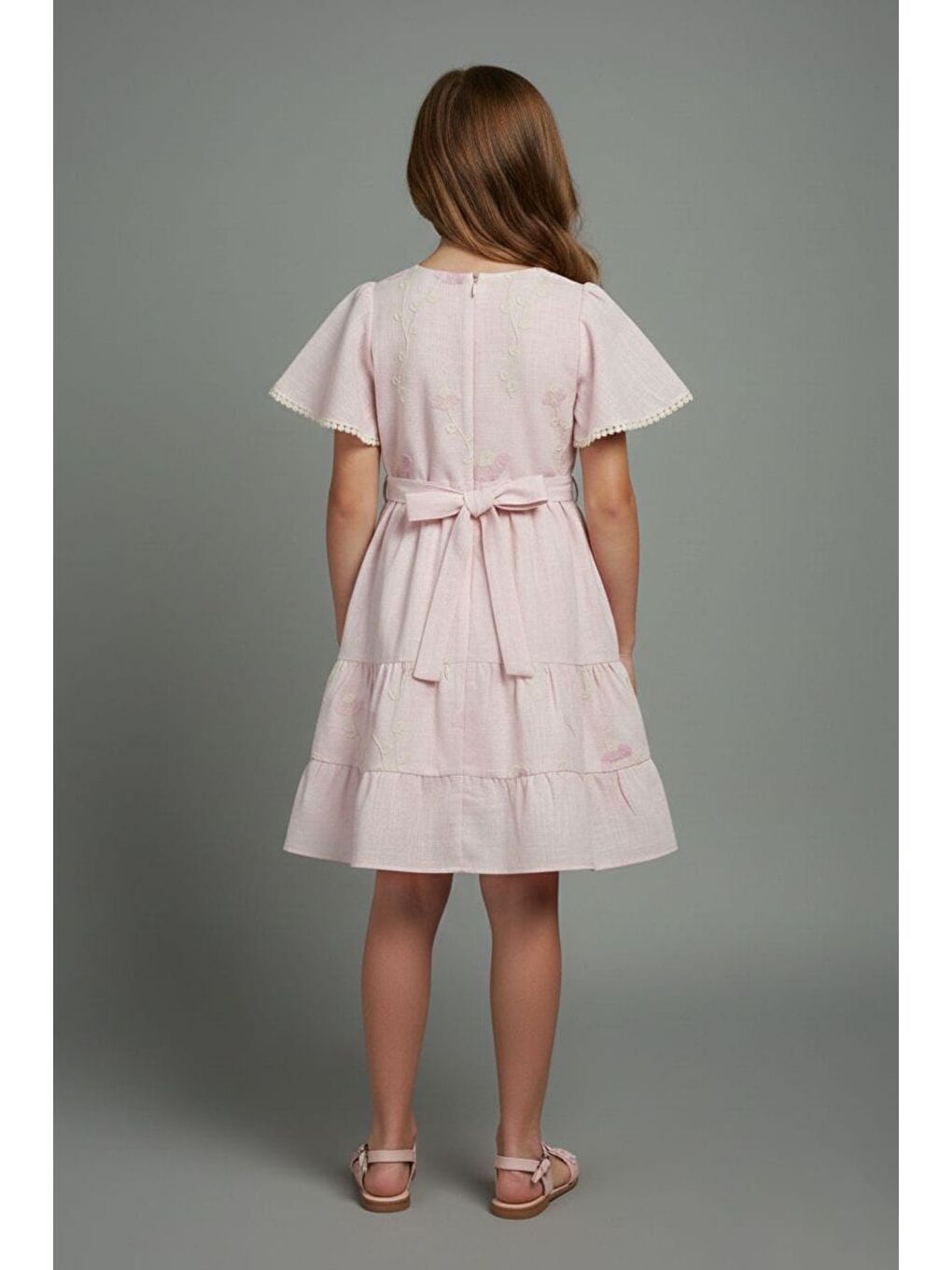 Pembe Kız Çocuk Çiçek İşlemeli Çantalı Kısa Kollu Elbise-2