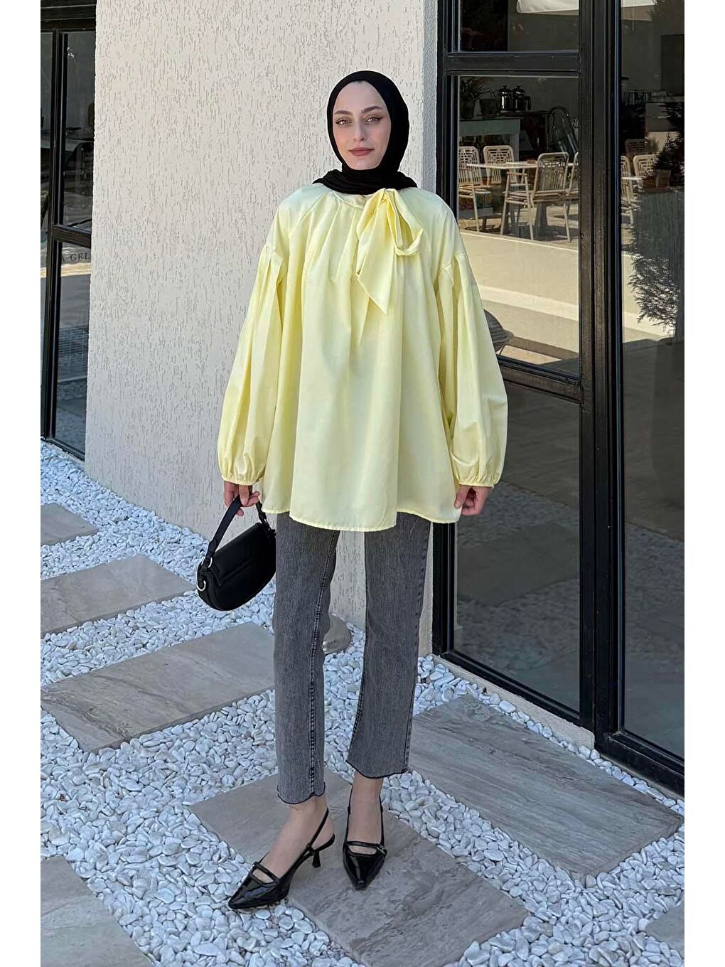 Yaka Fular Detaylı Gömlek Sarı