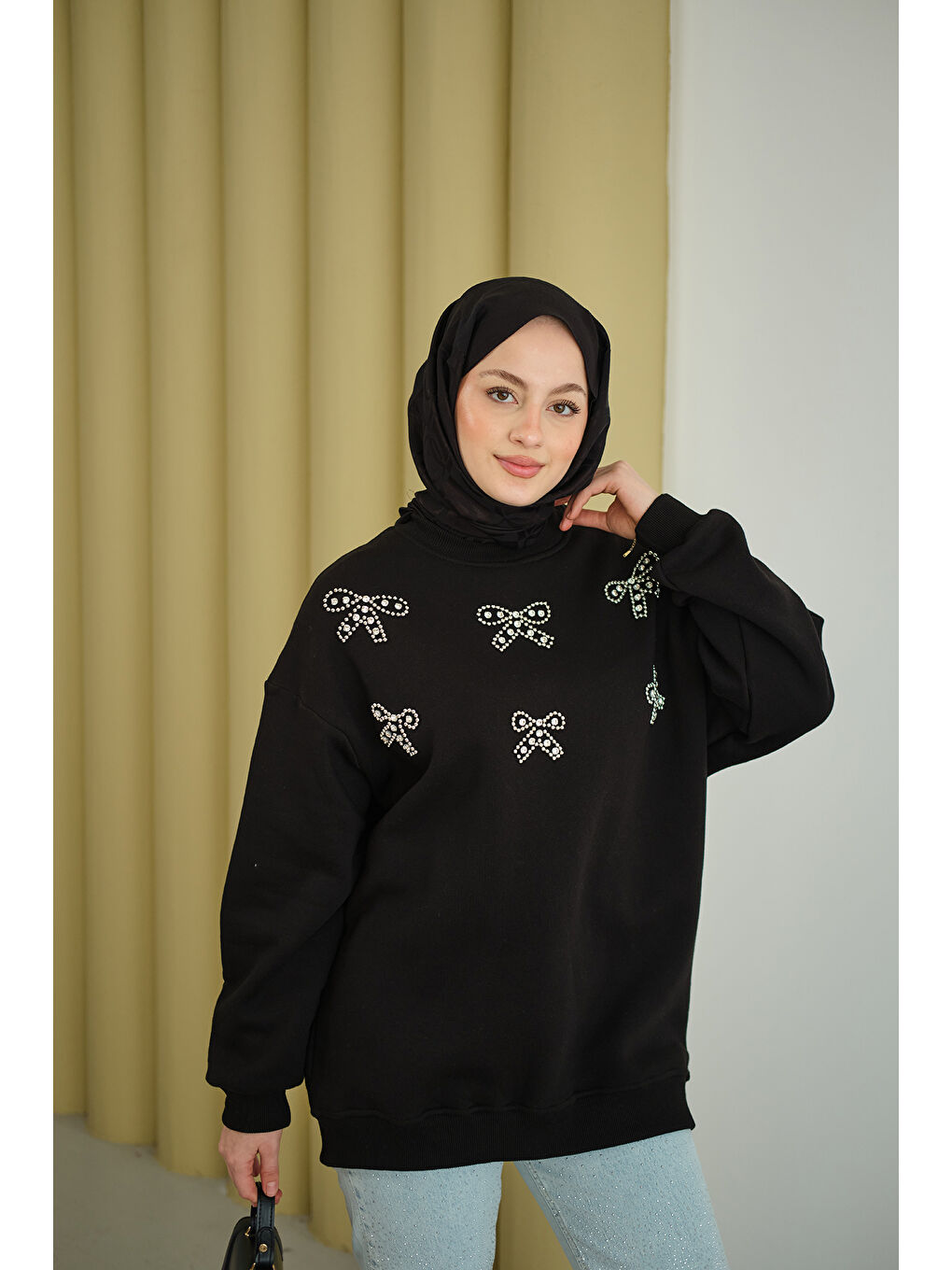 Kadın Kurdelesi Taş Detay Sweat Siyah-3