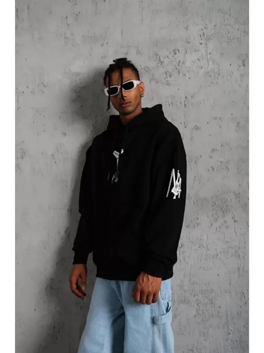 Unisex Sırt Baskılı Kapüşonlu Üç İplik Oversize Sweatshirt - Siyah-2