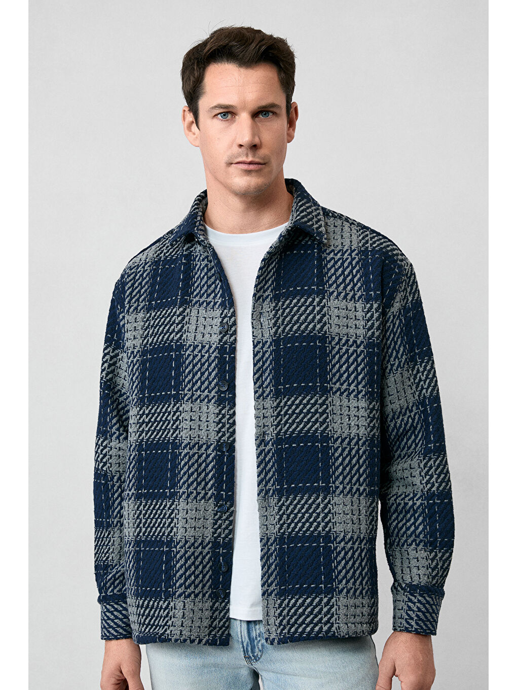 Lacivert Uzun Kol Oversize Ekstra Rahat Kesim Spor Pamuklu Ekose Shacket Oduncu Gömlek / Mont