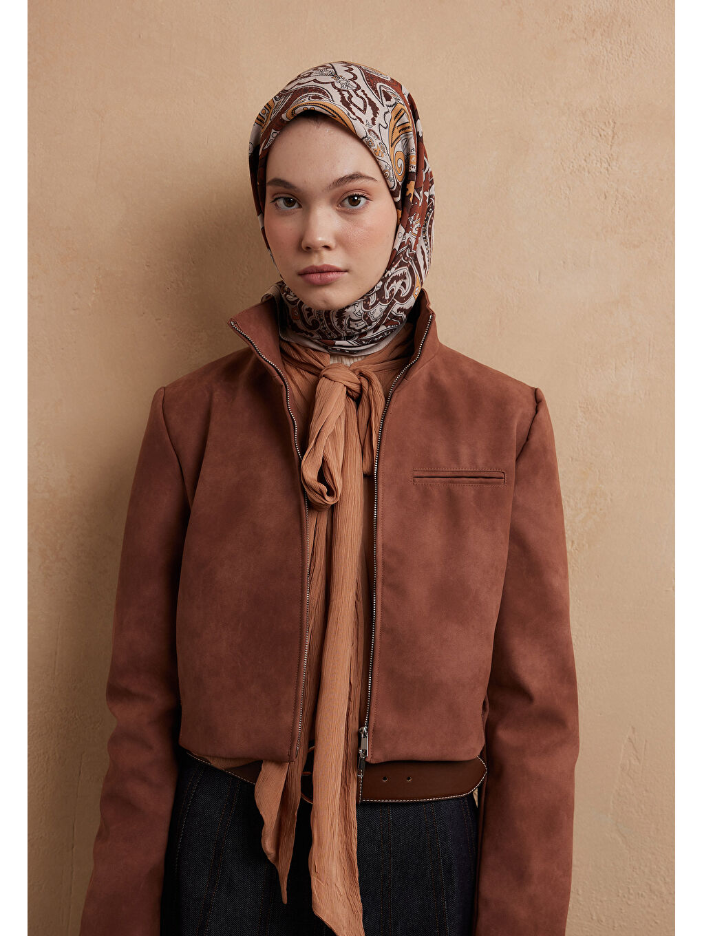 Kahverengi Lena Desen Pamuk İpek Eşarp Tarçın-2