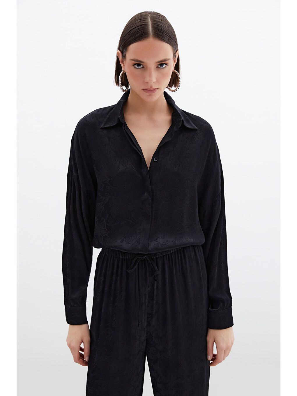 Jakarlı Saten Gömlek - Siyah-2