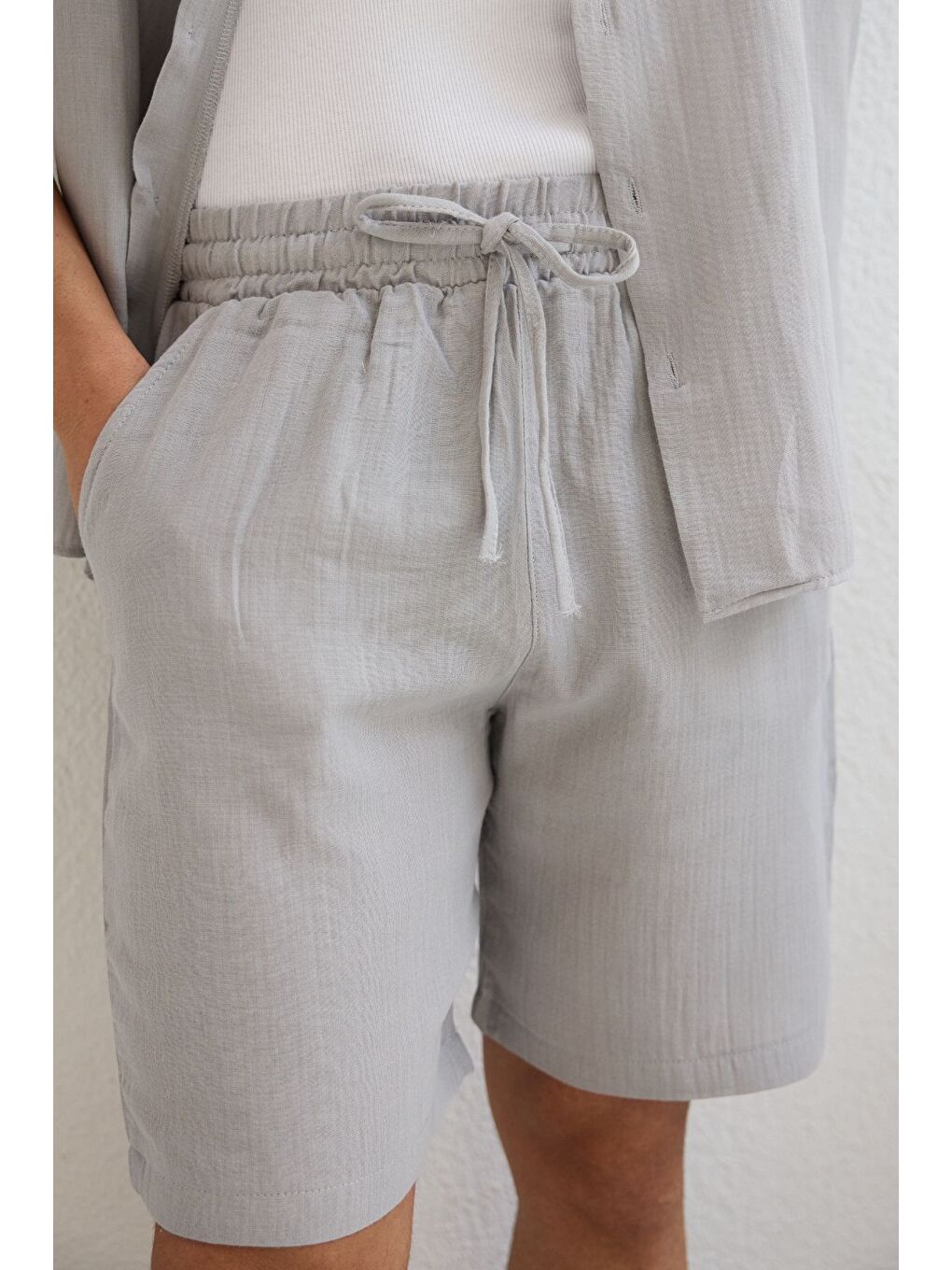 Gri Xar Erkek Oversize Müslin Şort Gömlek Takım %100 Pamuk Soft Feel-4