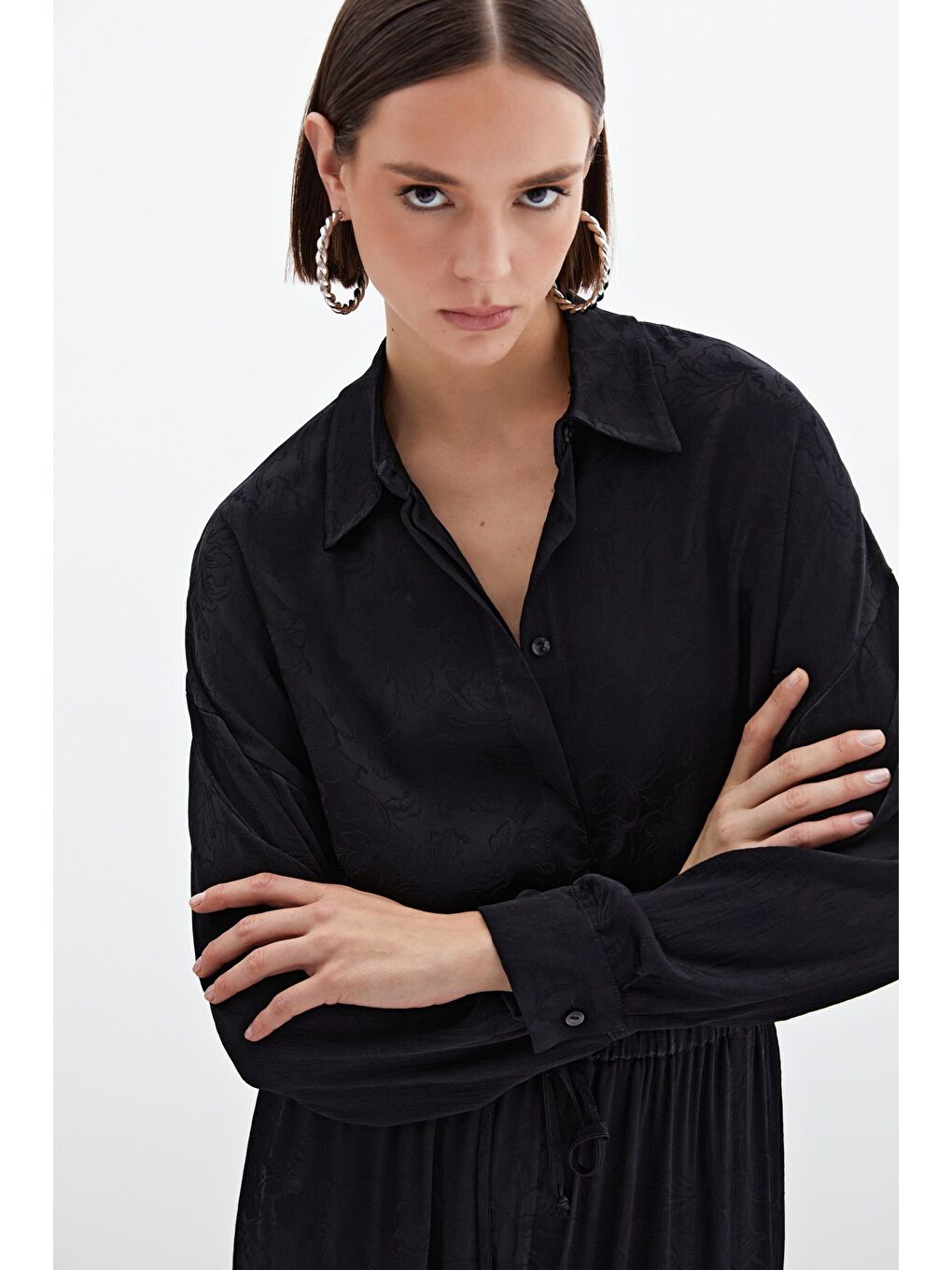 Jakarlı Saten Gömlek - Siyah-3