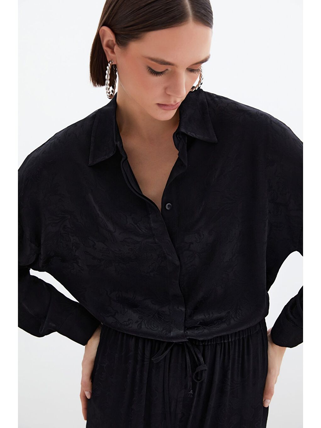 Jakarlı Saten Gömlek - Siyah-4