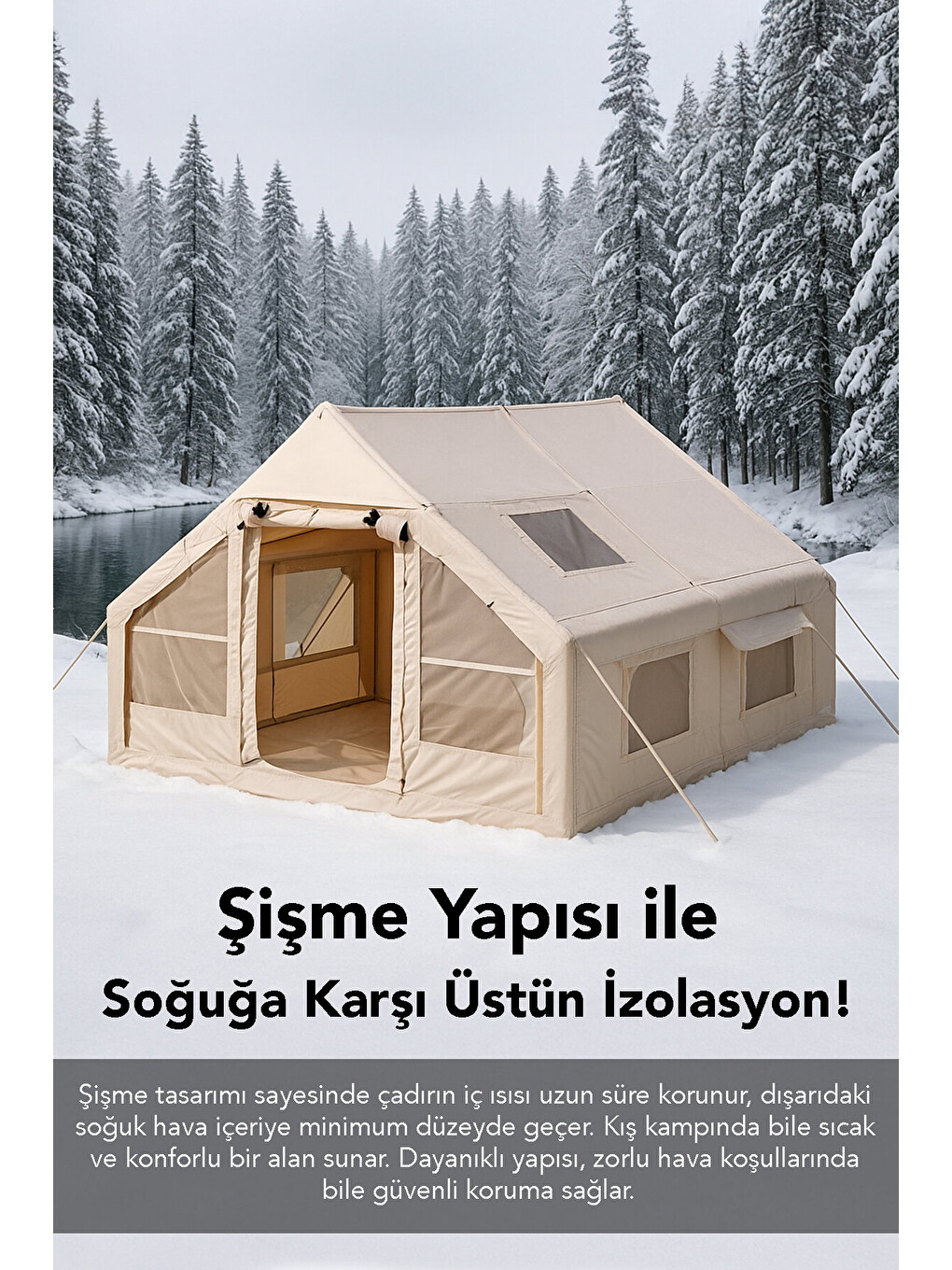 Bej 12 Kişilik Şişme Kamp Çadırı - 4 Mevsim Su Geçirmez Pencereli Kamp Çadırı 300x400 cm-4