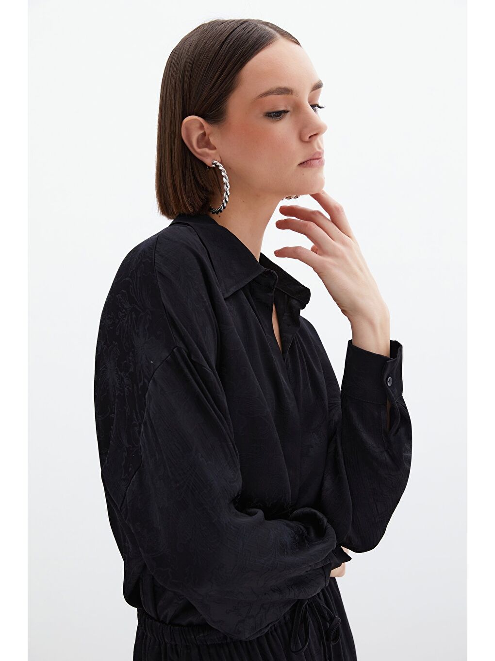 Jakarlı Saten Gömlek - Siyah-5