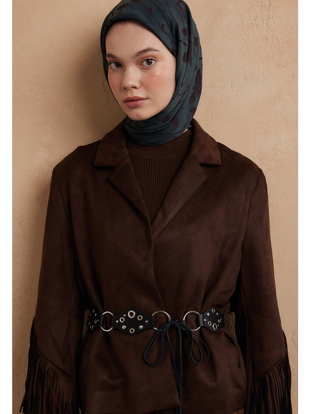 Dark Forest Desen Pamuk İpek Eşarp Petrol-2