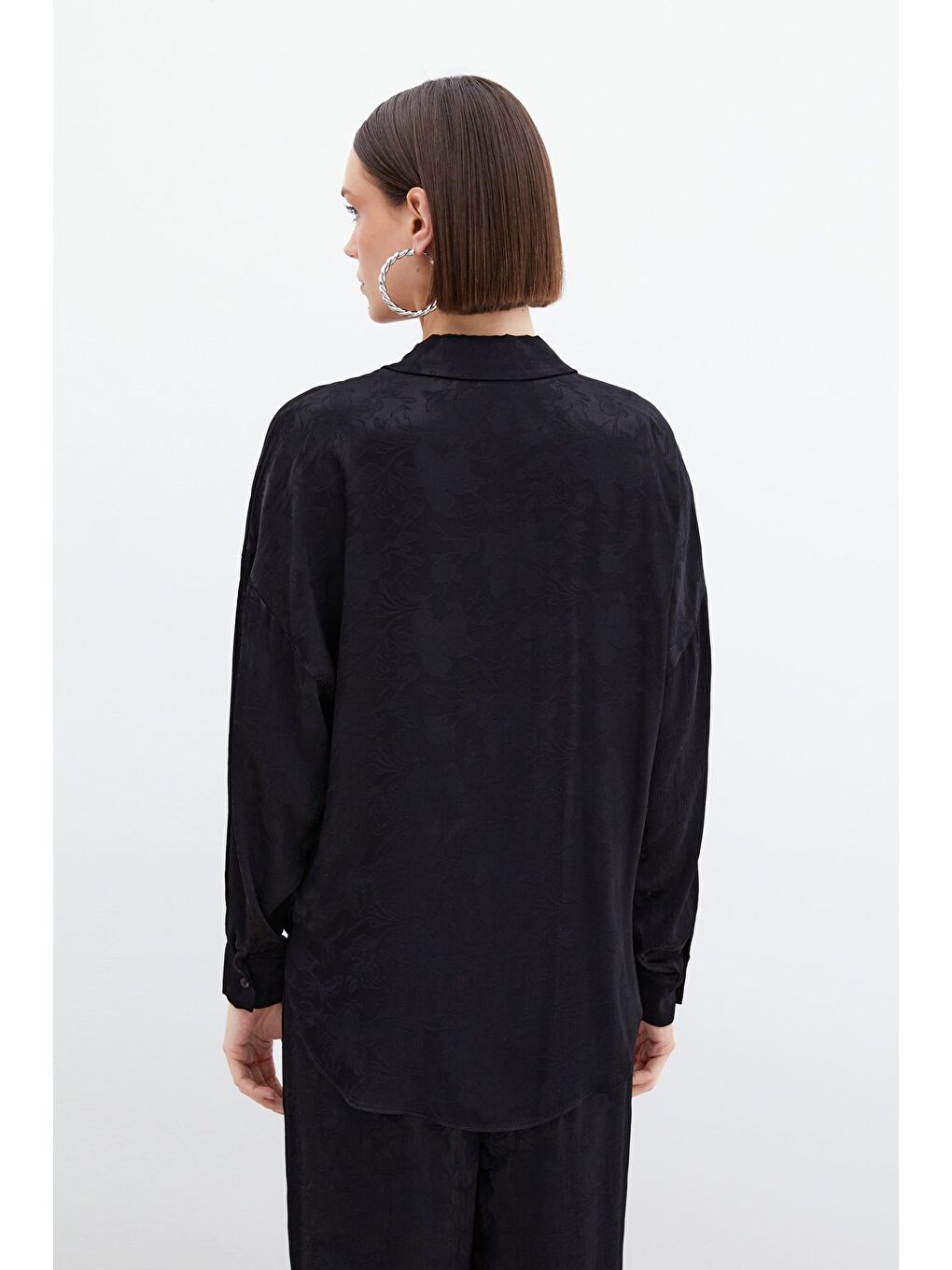 Jakarlı Saten Gömlek - Siyah-6