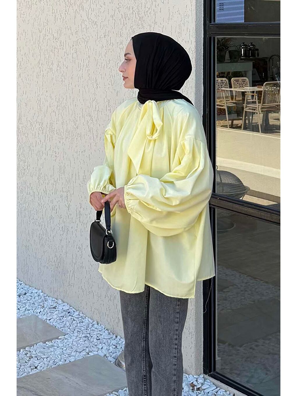 Yaka Fular Detaylı Gömlek Sarı-1