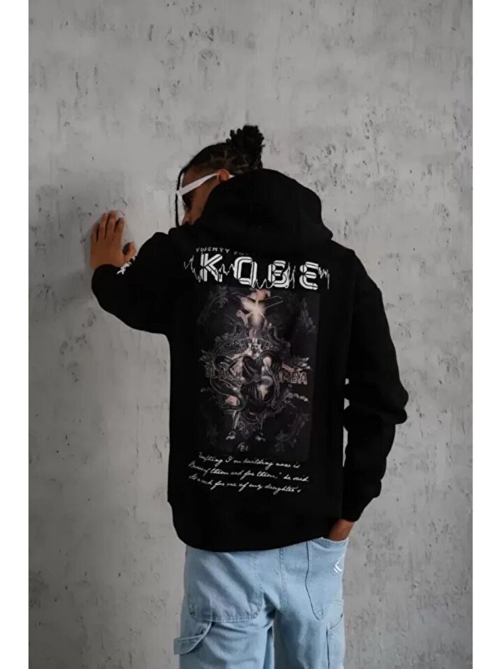 Unisex Sırt Baskılı Kapüşonlu Üç İplik Oversize Sweatshirt - Siyah-3