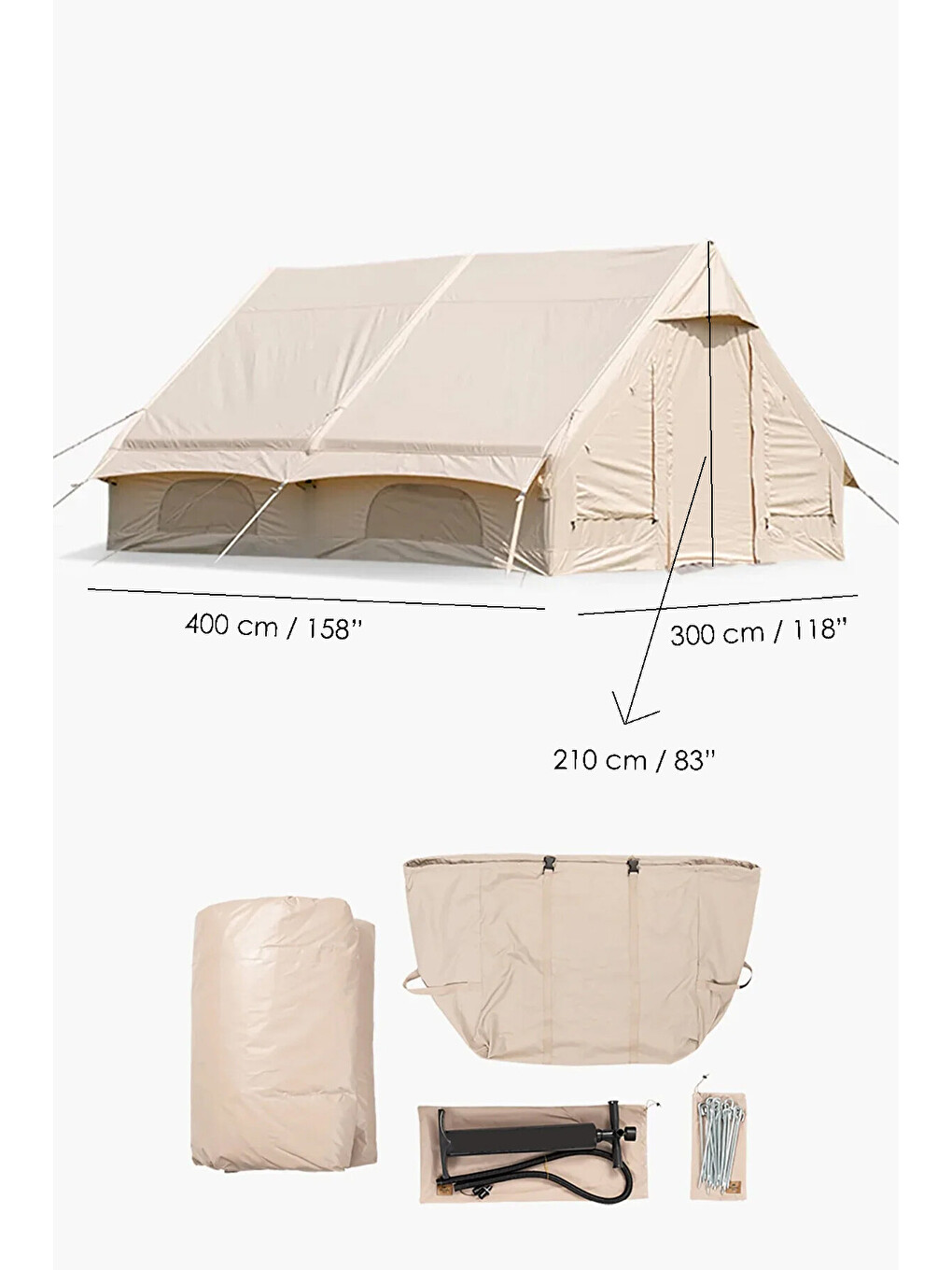 Bej 12 Kişilik Şişme Kamp Çadırı - 4 Mevsim Su Geçirmez Pencereli Kamp Çadırı 300x400 cm-5