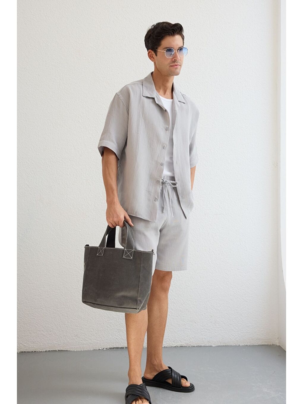 Gri Xar Erkek Oversize Müslin Şort Gömlek Takım %100 Pamuk Soft Feel-5